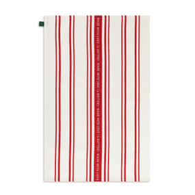 A red and white striped kitchen towel. The middle stripe says "Made With Love (& Butter)".