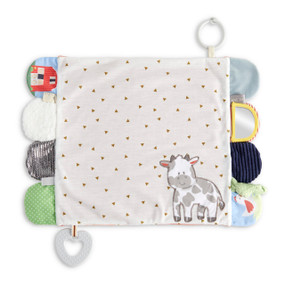 A light gray fabric blankie in a farm theme with tabs on each end in different fabrics and textures. The blankie also has a teether and stroller ring attached.