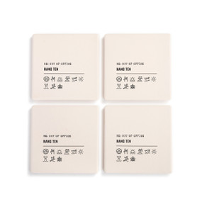 A set of four white ceramic coasters with the saying "RE: Out of Office Hang Ten" with a set of emoji images related to the ocean.