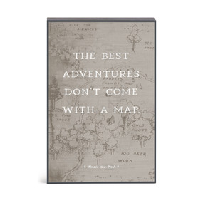 A gray wall art of the hundred acre woods with the saying "The best adventures don't come with a map".