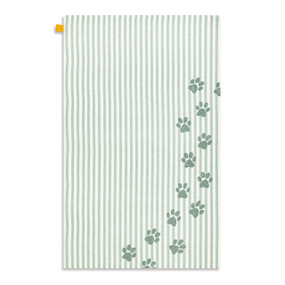 A white and light green striped kitchen towel with small paw prints going up the right side, displayed laid out flat.