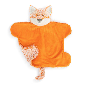 A weighted orange blanket with the head and tail of a fox, laid flat with one corner turned over showing the plush side.