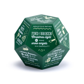 A green 12 sided foam dice with different would you rather questions on each side.