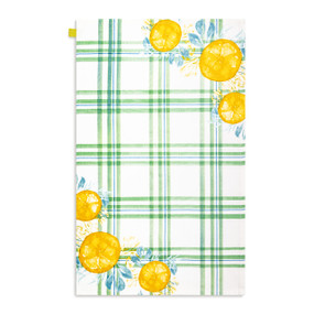 A green and white plaid kitchen towel with illustrations of lemons displayed with the towel laid out flat.