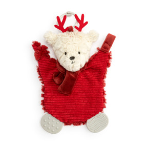 A red and cream reindeer teether buddy wearing a red scarf. The teether has a stroller ring at the top.