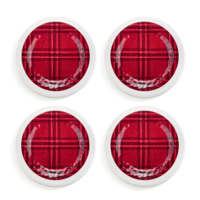 A set of four red and white plaid appetizer plates.