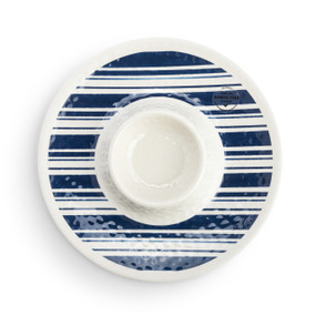 Top down view of a round chip and dip plate with dark blue lines.
