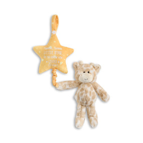 A cream and tan spotted plush giraffe hanging from an orange plush star that says "Twinkle, Twinkle Little Star, Do You Know How Loved You Are?" in white.