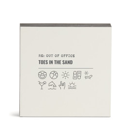 A white square wall art with the saying "RE: Out of Office Toes in the Sand" with a set of emoji images related to the beach.