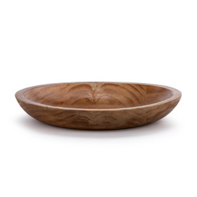 Side angle view showing the shallow depth of a stained wood bowl.