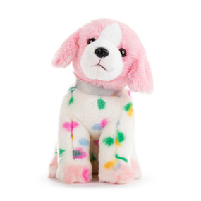 A light pink and white plush German shorthaired pointer with colorful polka dots on its body.