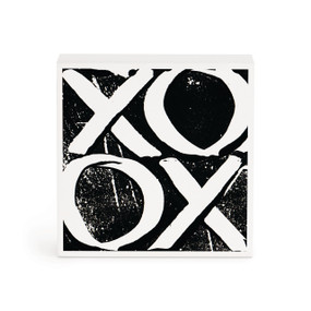 A small white box artwork of a black background with white X's and O's.