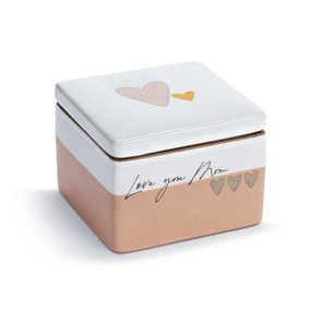 A white and peach square ceramic keepsake box with a lid. The lid has two hearts and the box says "Love you Mom", displayed angled to the right.