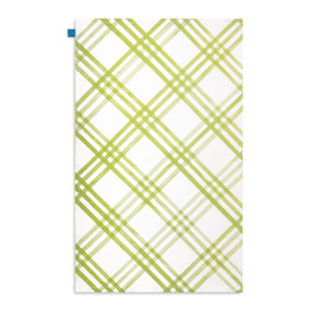 A white kitchen towel with a green plaid pattern displayed with the towel laid out flat.