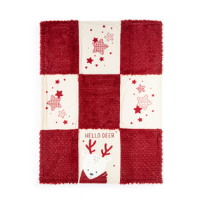 A nine patch blanket made of red fuzzy squares and cream squares with red stars. The bottom middle has an image of a reindeer and the saying "Hello Deer".