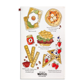 A white kitchen towel with colorful illustrations of different toppings and uses for waffles.