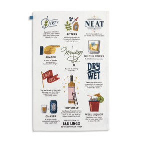 A white fabric towel with colorful illustrations and descriptions of "Bar Lingo".