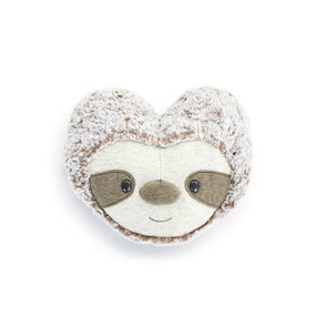 A heart shaped weighted pillow with the face of a sloth. The pillow is plush gray with heather fabric for the face.