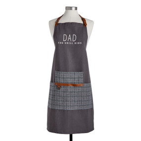 A dark gray apron with a gray plaid pocket. The apron says "Dad The Grill King" and is displayed on a mannequin.
