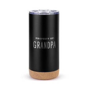 A black stainless steel travel mug with a brown cork bottom and plastic lid. The mug says "Property of: Grandpa" in silver.