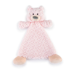 A light pink fabric blankie with the face of a bear, a gray nose and tan feet.