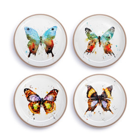 A set of four white ceramic appetizer plates. Each plate has a different watercolor butterfly image and a tan textured edge.