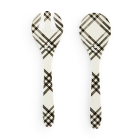 A large white plastic set of two serving utensils with a black plaid pattern.