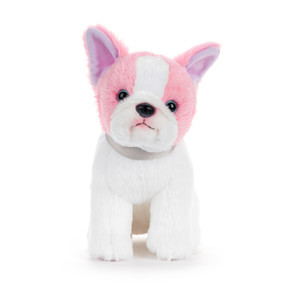 A pink and white plush small French bulldog.