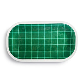 Top down view of a large green rectangular melamine platter with a green plaid pattern on the top.