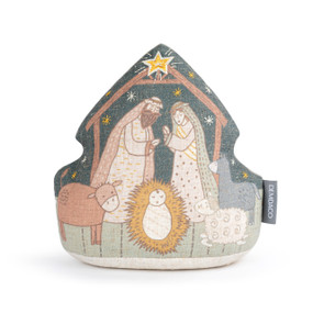 A stable shaped plush scene with an illustration of the holy family and several stable animals.