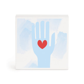 A small white box artwork of a light blue hand with a red heart in the palm against a pale blue background.