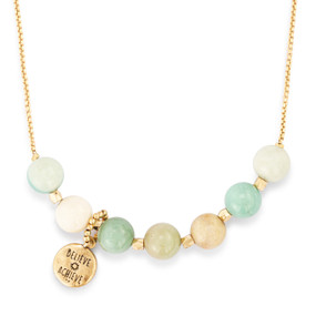An adjustable gold chain necklace with seven gold and turquoise beads spaced on it with a charm saying "Believe Achieve" that can move across the beads to track habits.
