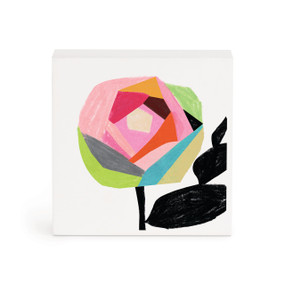 A small white box artwork of an abstract rose in multiple different colors.