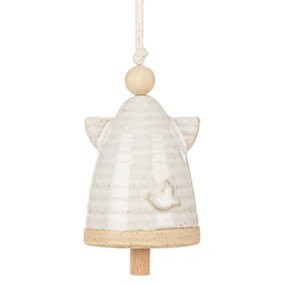 A small cream ceramic angel shaped bell with small wings, a wood bead for the head and a small dove at the bottom.