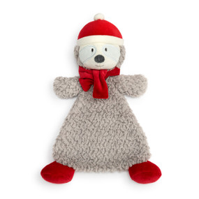 A gray and cream sloth cozie wearing a red scarf and stocking cap.