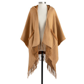 A brown wrap with a hood, pockets and fringe on the ends displayed on a mannequin.
