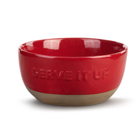 A red ceramic serving bowl with a tan textured base. The front of the bowl says "Serve It Up".