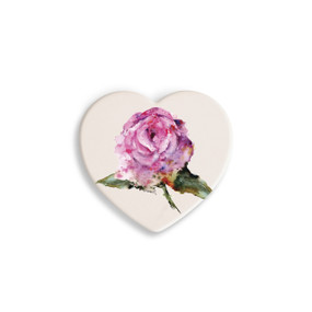 A set of four heart shaped white ceramic coasters with a watercolor image of a pink rose.