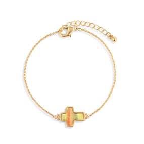 A gold chain adjustable bracelet with a cross shaped charm illustrated with yellow and orange lines and has the word "Love" on the back.