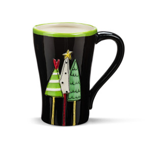 A black ceramic mug with a green rim and three raised patterned trees on the front.