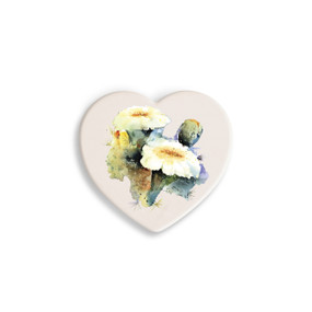 A set of four heart shaped white ceramic coasters with a watercolor image of a flowering saguaro cactus.