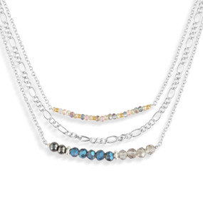 A layered silver necklace made of three different chains with different beads on them.