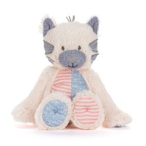 A mini pink and purple plush kitty with knit purple ears and nose, displayed sitting.