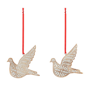 A set of two dove shaped decorative wood ornaments designed for one to keep and one to give away.