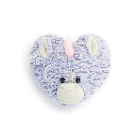 A heart shaped weighted pillow with the face of a unicorn and a pink horn. The pillow is plush light purple with heather fabric for the nose and ears.