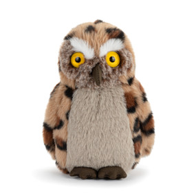 A gray and brown plush owl with dark brown spots.
