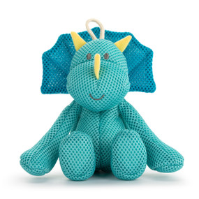 A teal plush bathtime triceratops with yellow horns. The triceratops has a hanger at the top.