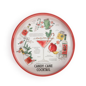 A round red tray with side handles. The interior has illustrations and instructions for a candy cane cocktail recipe.