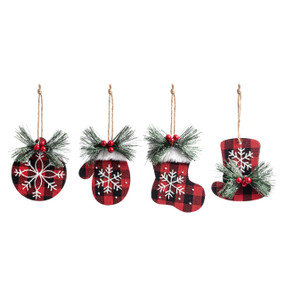 A set of four different red and black plaid fabric ornaments shaped like an ornament, mitten, stocking and top hat. Each ornament has a spring of evergreen and berries.