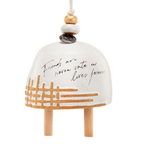 A wide white decorative bell with two wood clangers and a woven pattern. The bell says "Friends are woven into our lives forever". There is a metal token and decorative beads at the top.